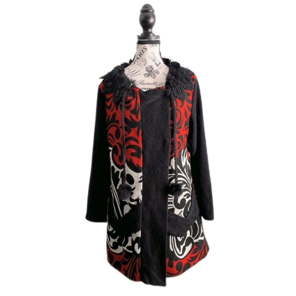 Xception Y2K Black Red Jacquard Coat Faux Fur Trim Size Large